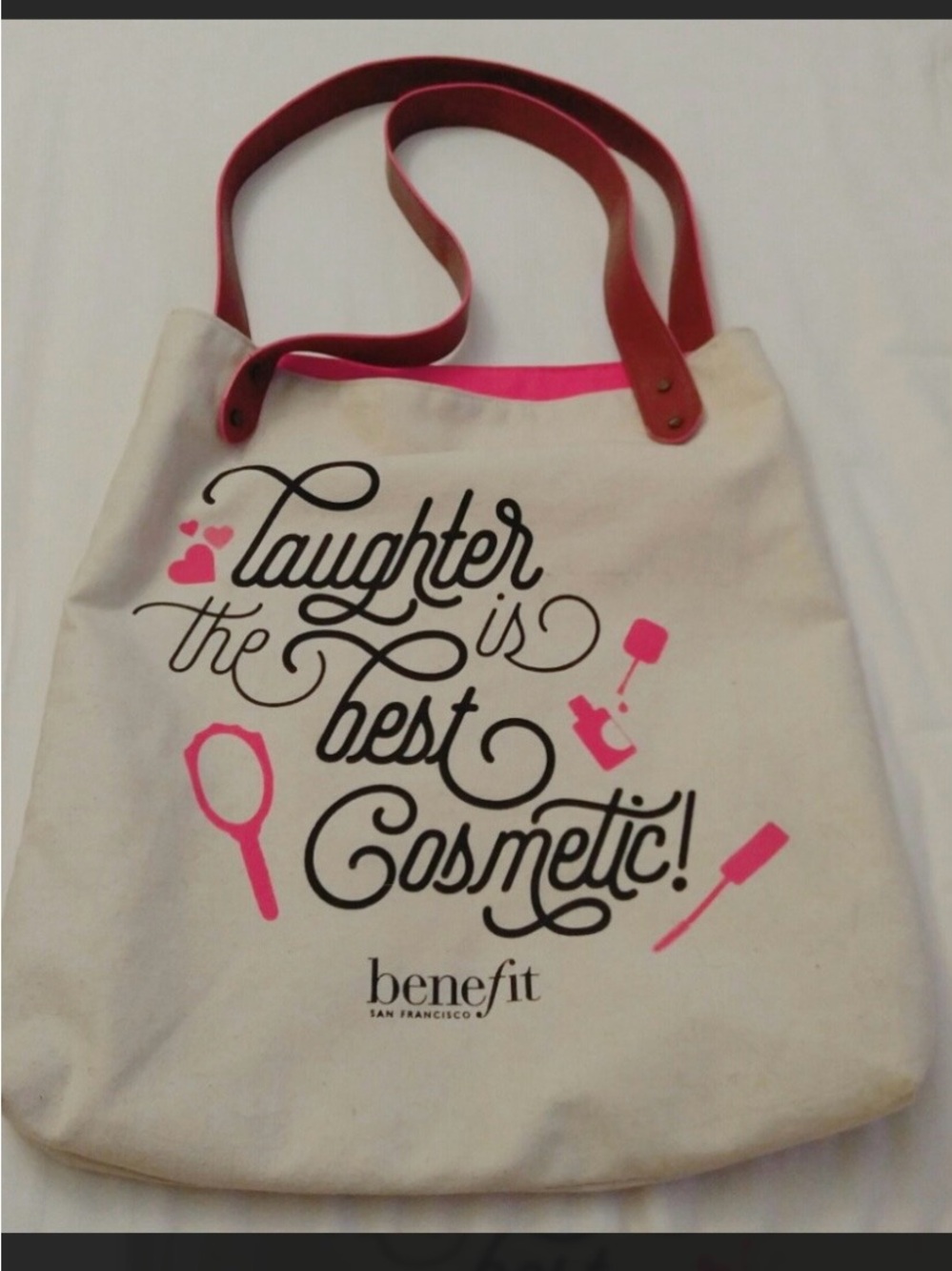 Benefit Cream Canvas Tote with Bright Pink Accents
